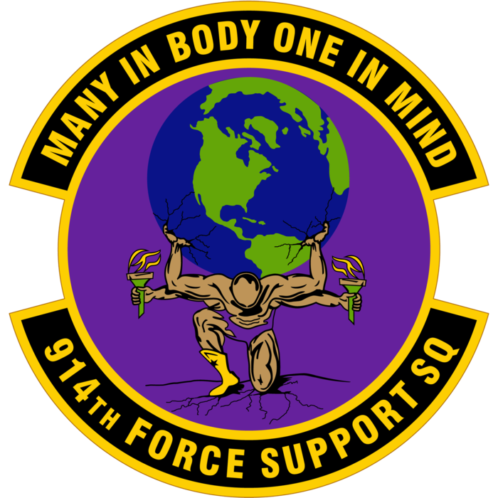 Graphic of a man with four arms holding up a globe with the words "MANY IN BODY ONE IN MIND | 914th FORCE SUPPORT SQUADRON"