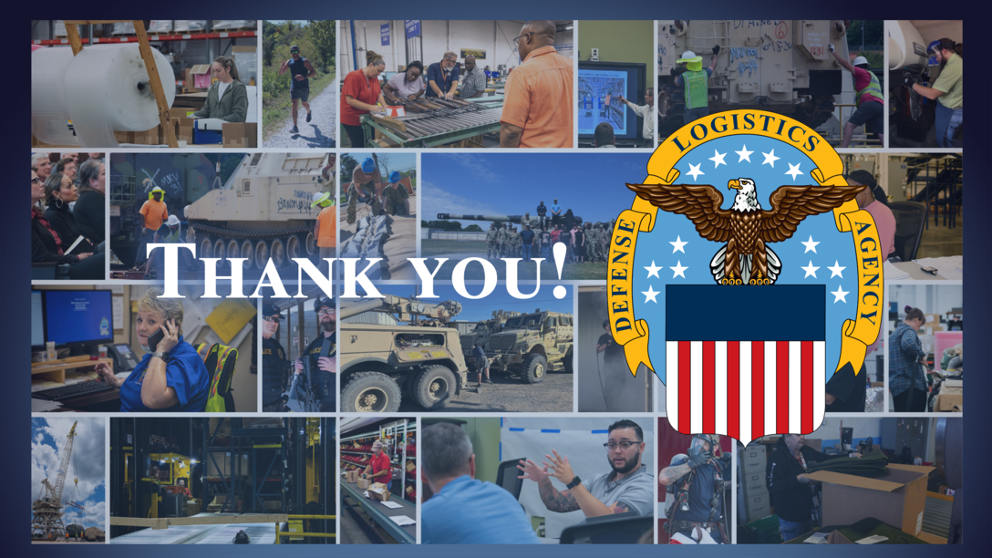 A photo collage of people working various jobs with the text 'thank you!' and DLA logo superimposed on top.