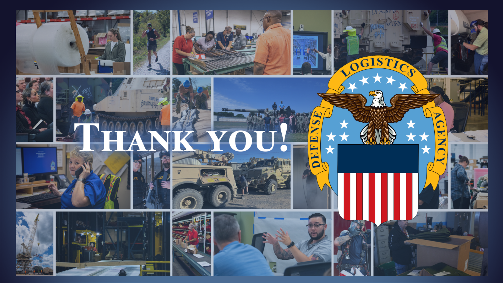 A photo collage of people working various jobs with the text 'thank you!' and DLA logo superimposed on top.
