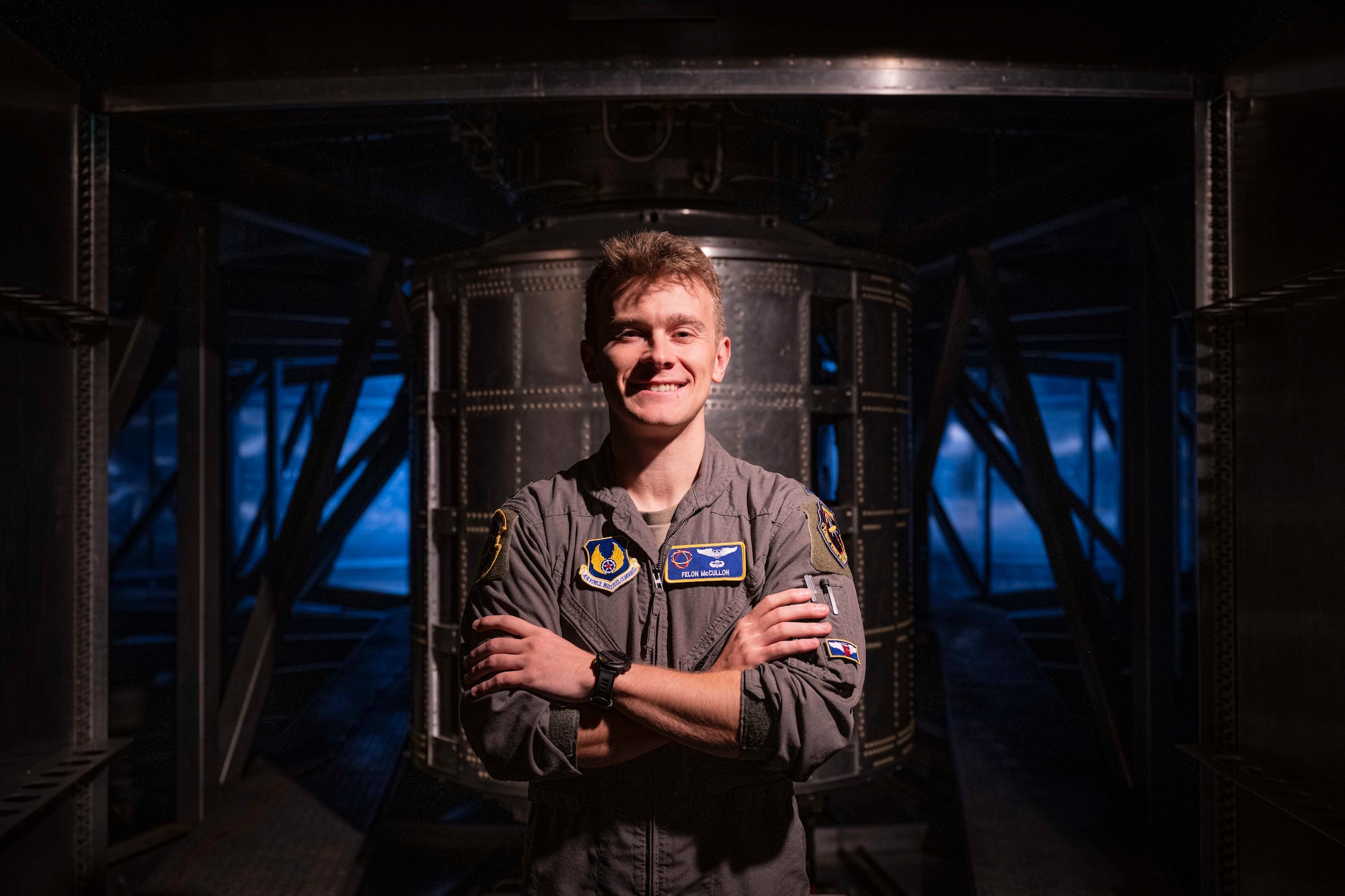 U.S. Space Force Capt. Gordon McCulloh, 746th Test Squadron Capabilities Development flight commander, poses for a photo at Holloman Air Force Base, New Mexico, Dec. 3, 2024. The 746th TS is the DoD's designated lead test organization chartered to test and evaluate GPS user equipment, integrated guidance and navigation systems. (U.S. Air Force photo by Senior Airman Isaiah Pedrazzini)
