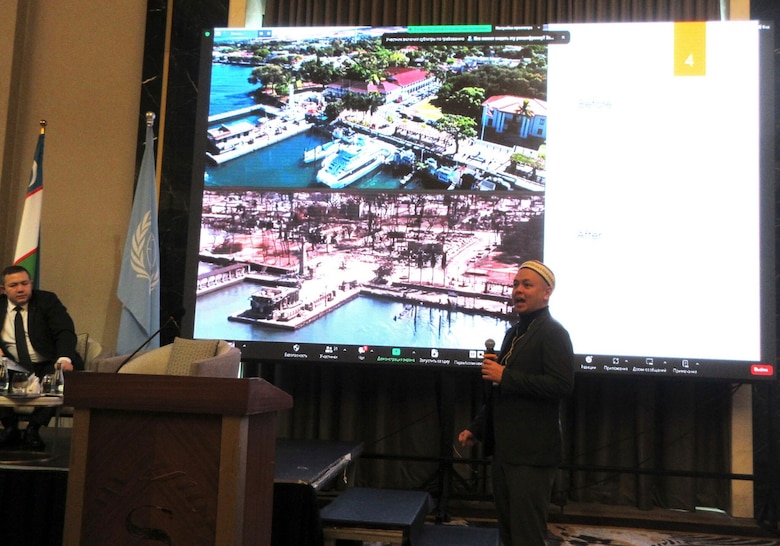 Dr. David Nguyen speaks at United Nations Development Programme meeting in Bishkek, Kyrgyzstan September 21, 2023 where he highlights some of the damages to Lahaina following the August 8, 2023 Hawaii Wildfires and how there are similar wildfire risks to Central Asian cities. Photo Courtesy of United Nations Development Programme.