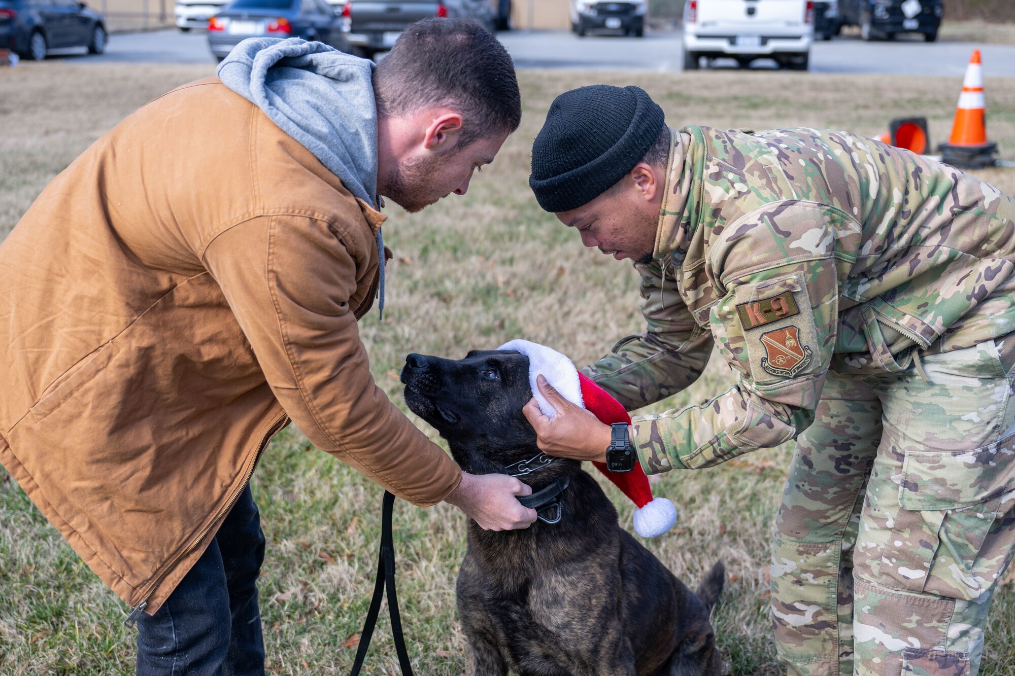 Men put Santa hat on dog
