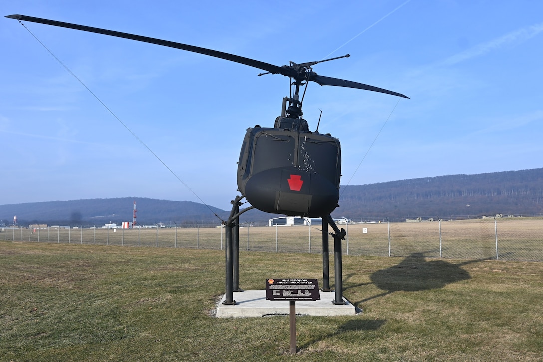 A Vietnam era UH-1 Iroquois "Huey" helicopter that is on display at Fort Indiantown Gap was recently restored by Letterkenny Army Depot in Chambersburg, Pa. (Pennsylvania National Guard photo by Brad Rhen)