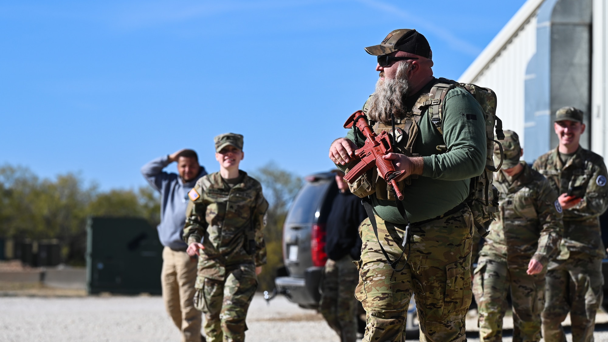 Law enforcement from Taylor County Sheriff's Department participate in a tactical combat casualty care exercise during a U.S. Army led K-9 medical training event at Dyess Air Force Base, Texas, Dec. 19, 2024. The training event connected civilian and military law enforcement personnel with medical professionals who were able to share their experiences and give guidance when caring for injured K-9s. (U.S. Air Force photo by Airman 1st Class Jade M. Caldwell)