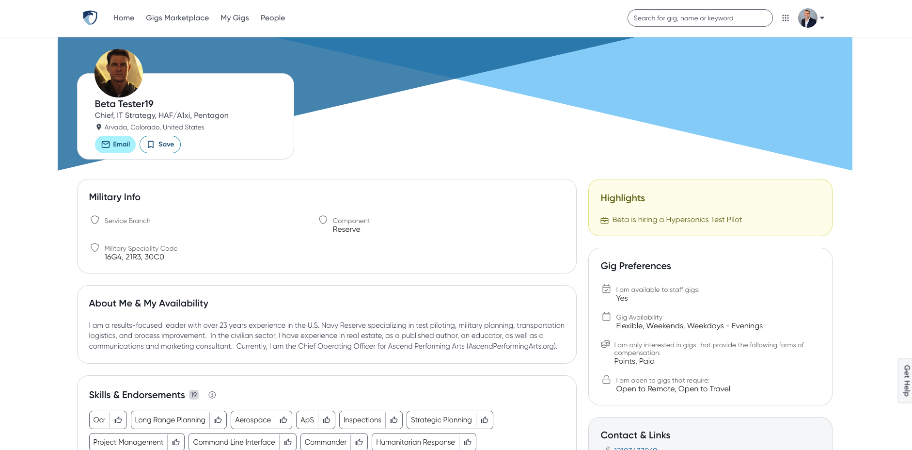 Shown here in a sandbox environment, GigEagle allows members to share their military and civilian skills and experiences and uses precision talent matching algorithms to connect them with mission needs. GigEagle is the cornerstone of DoD's Agile Talent Ecosystem, an operational concept focused on talent fluidity and beyond team collaboration.