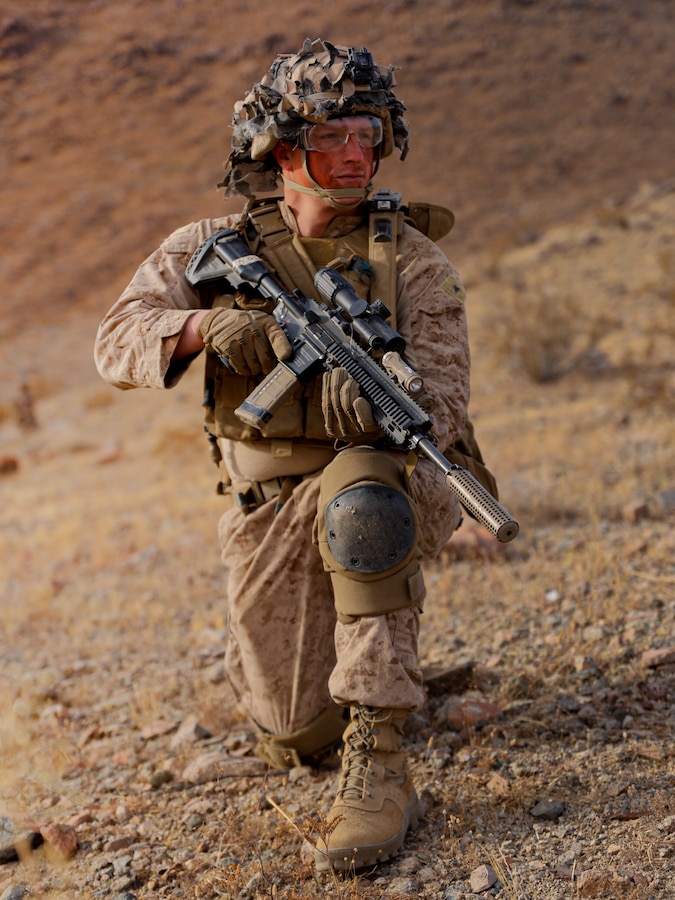 U.S. Marine Corps Lance Cpl. Austin Dennison posts security during an adversary force exercise at Marine Corps Air-Ground Combat Center, Twentynine Palms, California, Dec. 11, 2024. Dennison is a rifleman from Jackson, Tennessee. The AFX is the primary readiness-building event prior to Fox Company, 2nd Battalion, 23rd Marine Regiment’s upcoming deployment to Okinawa, Japan, in support of the Marine Corps’ Unit Deployment Program. The exercise serves as an opportunity to receive training across all warfighting functions in a realistic and fully resourced environment. (U.S. Marine Corps photo by Lance Cpl. Orion Stpierre)