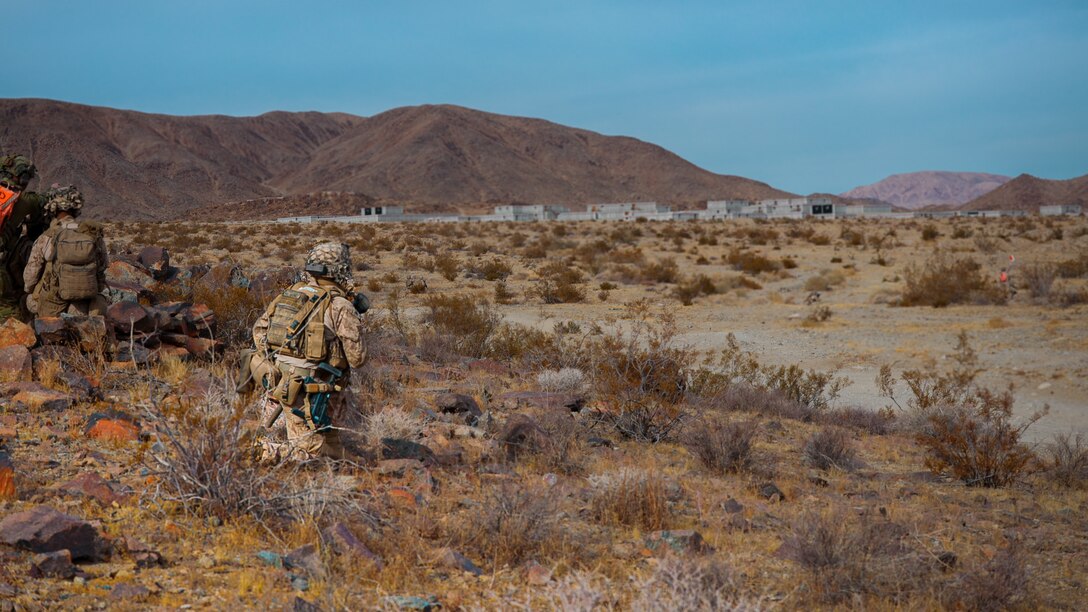 U.S. Marines with Fox Company, 2nd Battalion, 23rd Marine Regiment, conduct a company supported urban attack during training for upcoming deployment