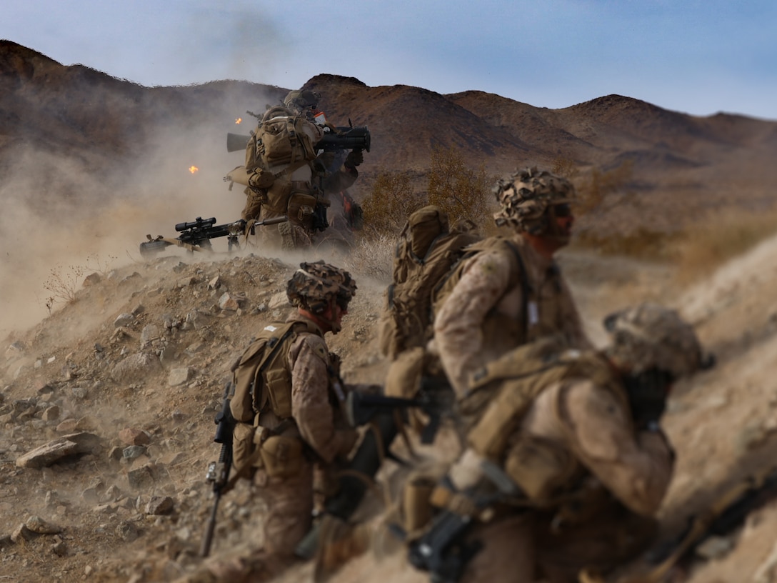 U.S. Marines with Fox Company, 2nd Battalion, 23rd Marine Regiment, conduct a company supported urban attack during training for upcoming deployment