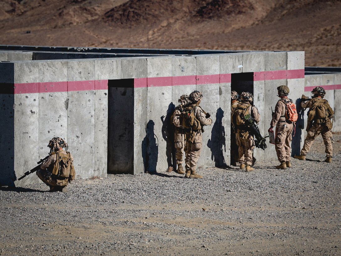 U.S. Marines with 2nd Battalion, 23rd Marine Regiment, conduct a company supported urban attack during training for upcoming deployment