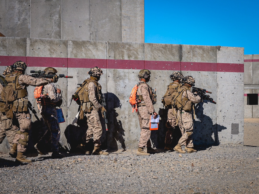 U.S. Marines with 2nd Battalion, 23rd Marine Regiment, conduct a company supported urban attack during training for upcoming deployment