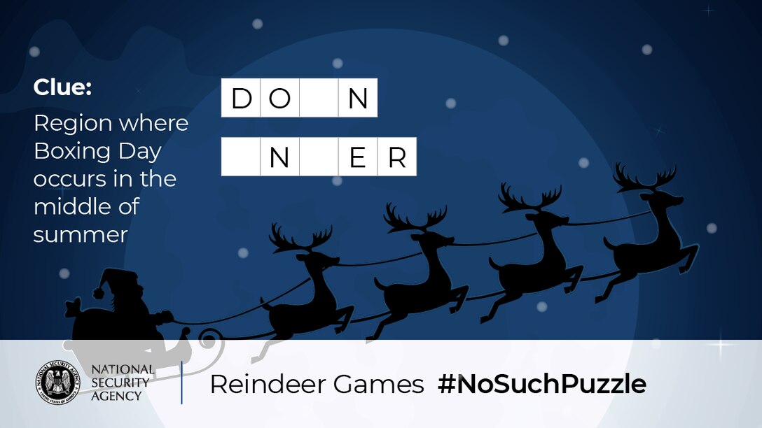 No Such Puzzle: Reindeer Games Puzzle Four Graphic
Region where Boxing Day occurs in the middle of summer	D O - N	- N - E R