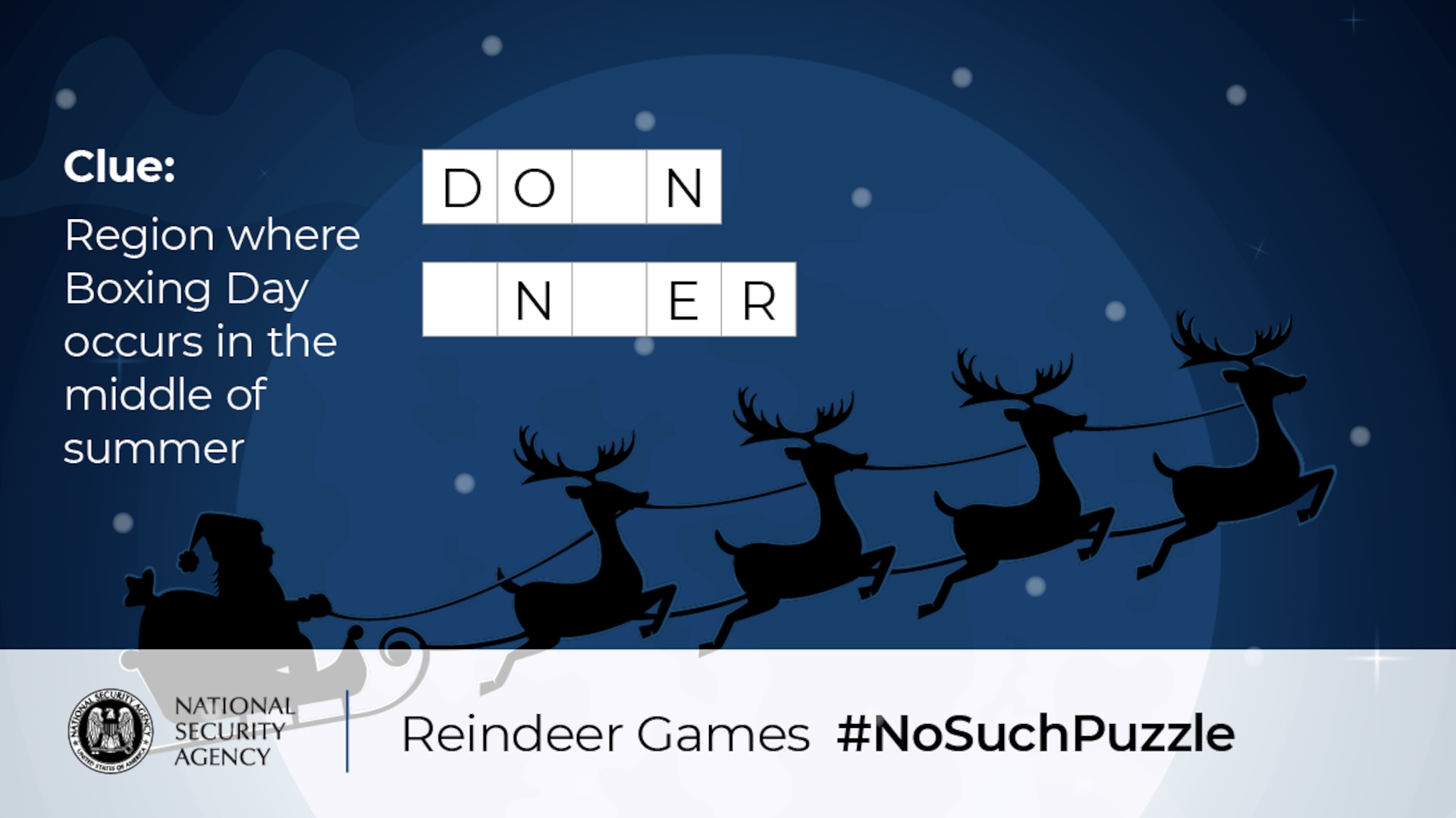 No Such Puzzle: Reindeer Games Puzzle Four Graphic
Region where Boxing Day occurs in the middle of summer	D O - N	- N - E R