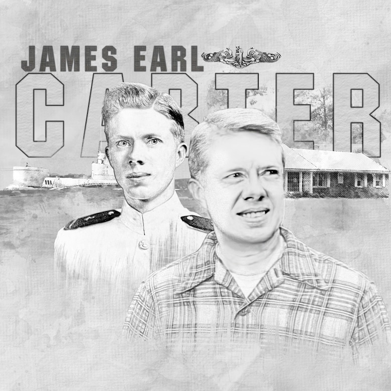 a black-and-white graphic illustration with a sketch of Jimmy Carter as a sailor and as a civilian in a plaid shirt.