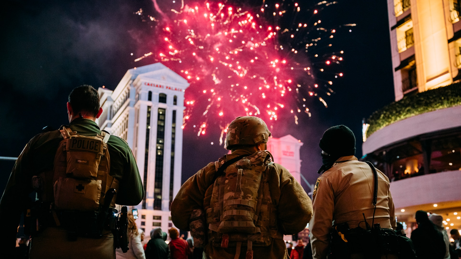 A Soldier with the 72nd Military Police Company works with local law enforcement during the fireworks show, signifying the new year, on the Las Vegas Strip on Jan. 1, 2022 in Las Vegas, Nevada.