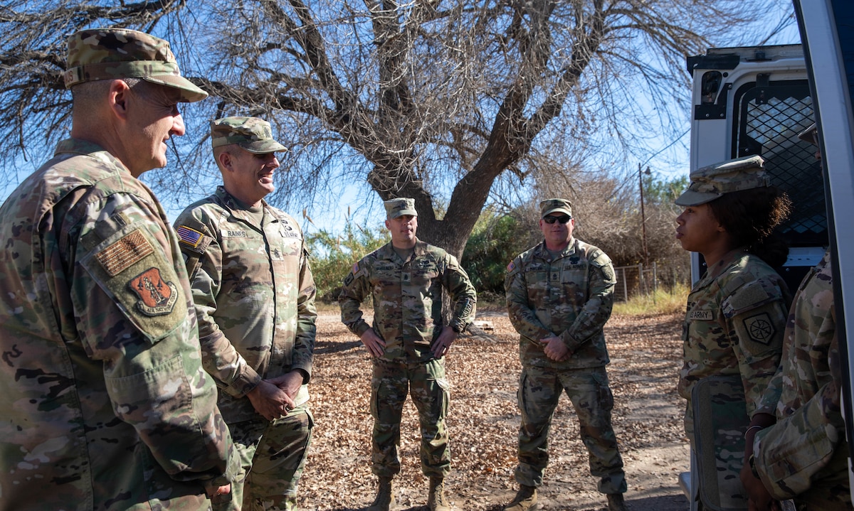 Air Force Gen. Steve Nordhaus, chief, National Guard Bureau, and Army Senior Enlisted Advisor John Raines, SEA to the CNGB, visit with Army National Guard and Reserve Soldiers assigned to Joint Task Force North in Southwest Texas Dec. 27, 2024. In March, the Secretary of Defense approved a request from the Department of Homeland Security to assist with U.S. Customs and Border Protection's southern border security mission through fiscal year 2025.