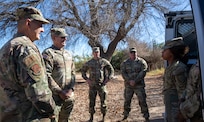 Air Force Gen. Steve Nordhaus, chief, National Guard Bureau, and Army Senior Enlisted Advisor John Raines, SEA to the CNGB, visit with Army National Guard and Reserve Soldiers assigned to Joint Task Force North in Southwest Texas Dec. 27, 2024. In March, the Secretary of Defense approved a request from the Department of Homeland Security to assist with U.S. Customs and Border Protection's southern border security mission through fiscal year 2025.