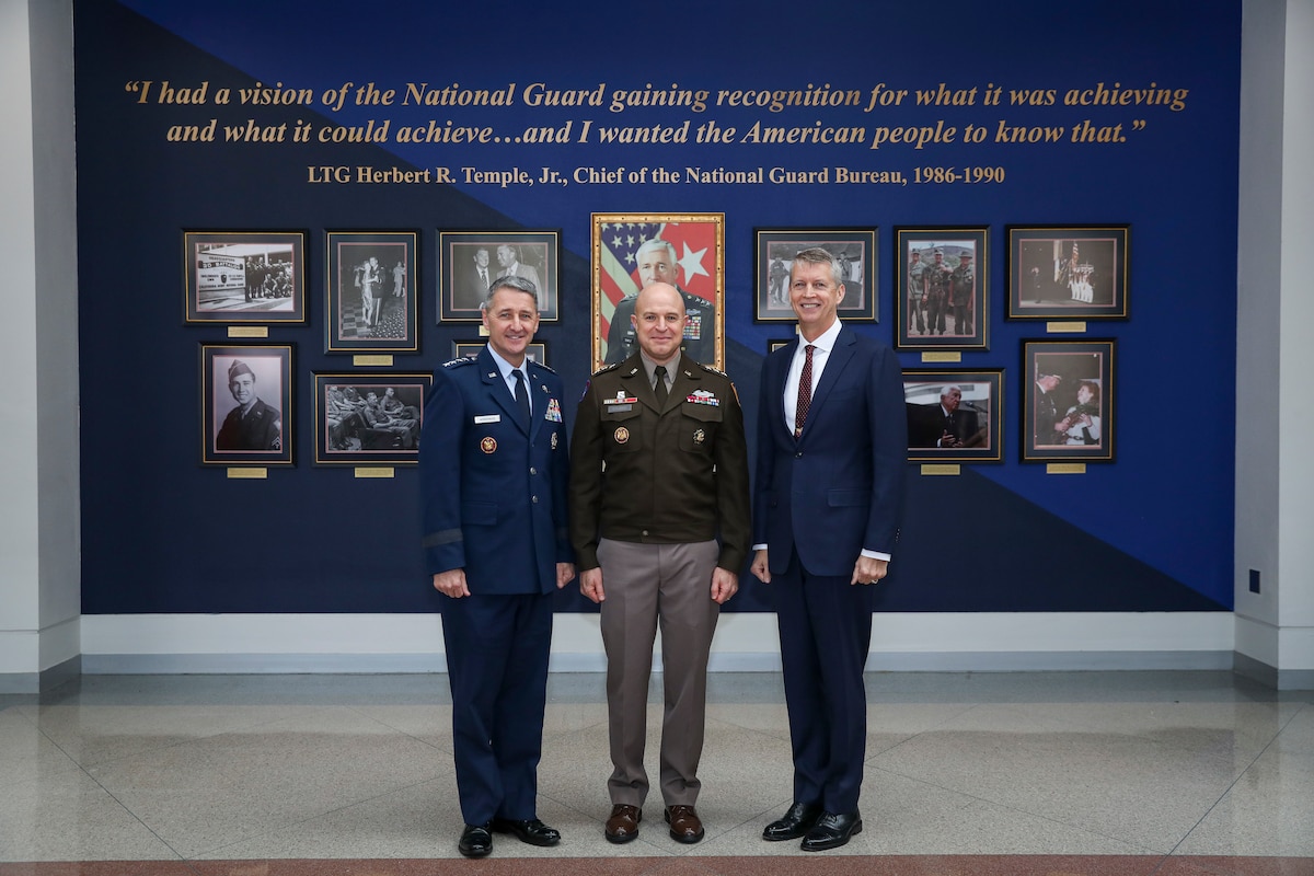 Army Lt. Gen. Jonathan Stubbs, director of the Army National Guard, hosts a ceremony to dedicate a display in honor of retired Army Lt. Gen. Herbert R. Temple Jr, the 21st chief of the National Guard Bureau, and namesake of the Army National Guard headquarters, Arlington, Virginia, Dec. 19, 2024. Air Force Gen. Steve Nordhaus left, and Army Gen. Daniel Hokanson, right, the 30th and 29th chiefs of the National Guard, respectively, spoke during the ceremony.
