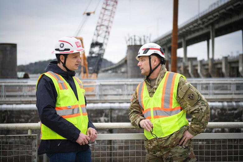 Lt. Gen. William (Butch) Graham, U.S. Army Corps of Engineers commanding general and 56th chief of engineers, speaks to Chase Green, Lock Operator for the U.S. Army Corps of Engineers, Nashville District, during his visits to the Chickamauga Lock Dec. 19, 2024, on the Tennessee River in Chattanooga, Tennessee.