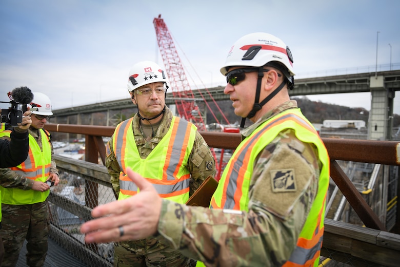 Lt. Col. Robert Green, commander of the Nashville District, U.S. Army Corps of Engineers speaks to Lt. Gen. William (Butch) Graham, U.S. Army Corps of Engineers commanding general and 56th chief of engineers, during his visits to the Chickamauga Lock Dec. 19, 2024, on the Tennessee River in Chattanooga, Tennessee.