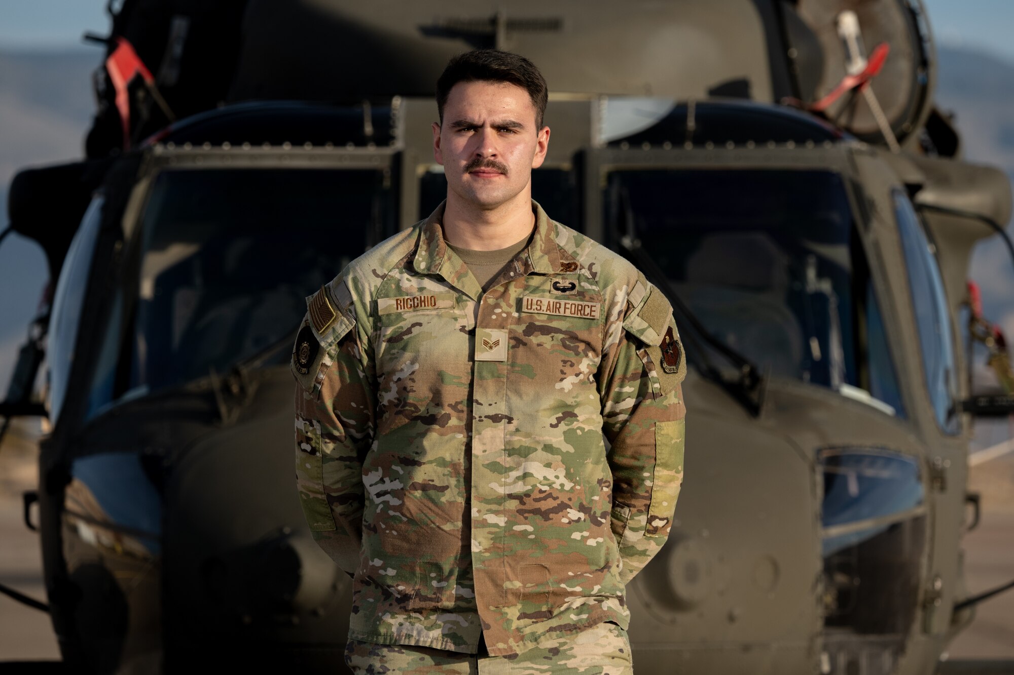 U.S. Air Force Senior Airman Joshua Ricchio, 49th Equipment Maintenance Squadron inspection journeyman, poses for a photo at Holloman Air Force Base, New Mexico, Dec. 17, 2024. U.S. Army Air Assault School trains participants in air assault operations, sling-load operations and repelling. (U.S. Air Force photo by Senior Airman Antonio Salfran)