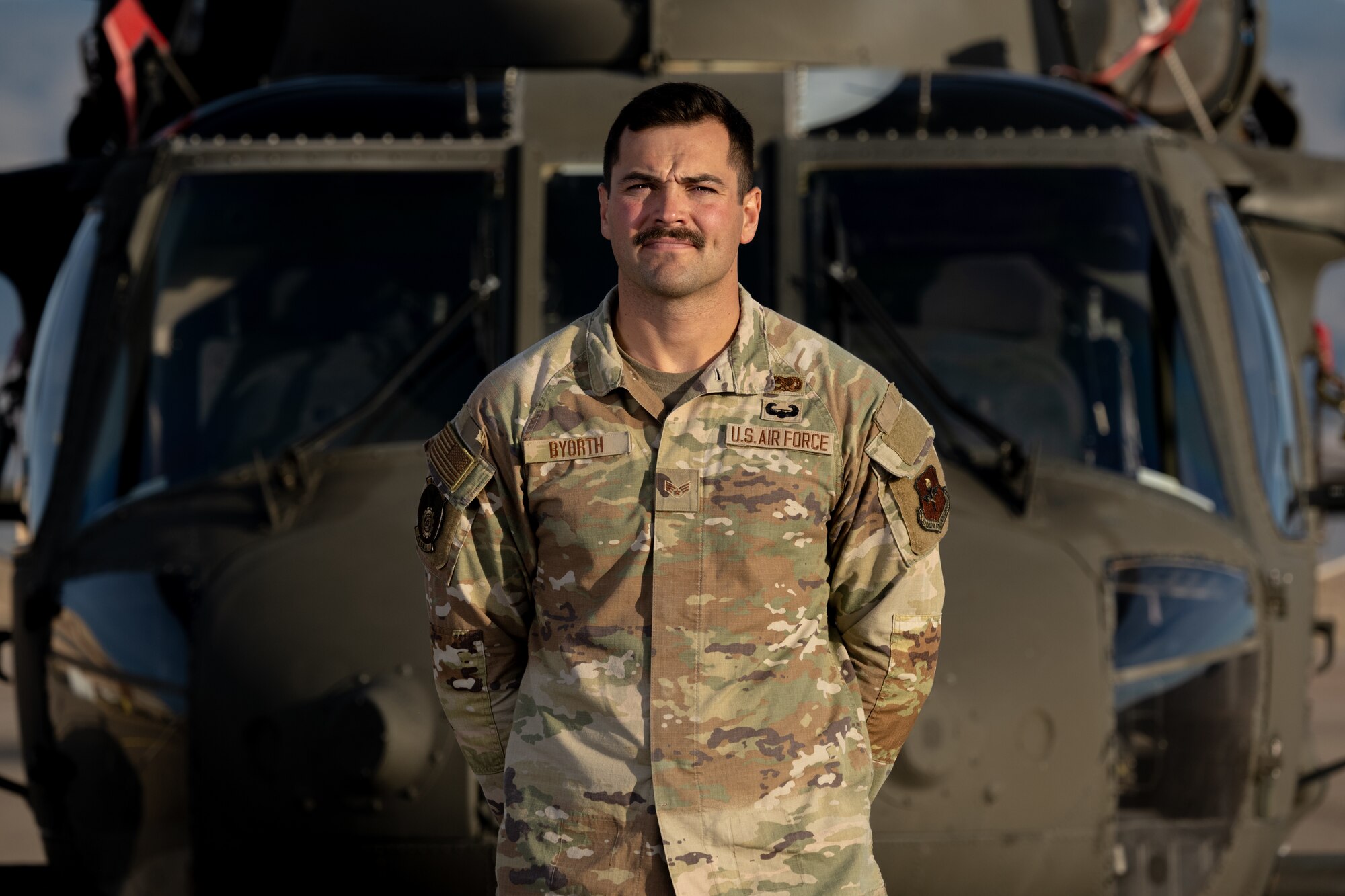 U.S. Air Force Senior Airman Andrew Byorth, 49th Equipment Maintenance Squadron inspection journeyman, poses for a photo at Holloman Air Force Base, New Mexico, Dec. 17, 2024. U.S. Army Air Assault School trains participants in air assault operations, sling-load operations and repelling. (U.S. Air Force photo by Senior Airman Antonio Salfran)