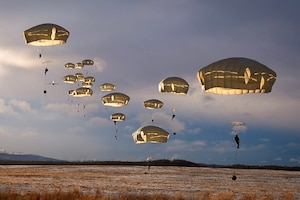 Soldiers descend while using parachutes onto snowy grass with mountains in the background.