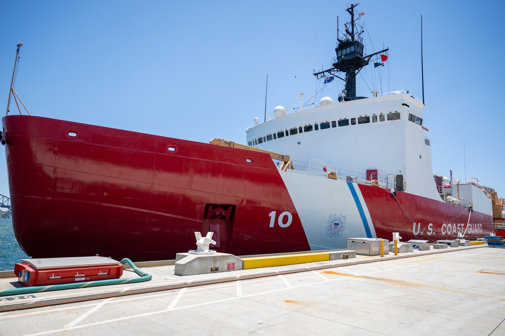 U.S. Coast Guard Cutter Polar Star (WAGB 10) sits moored at Royal Australian Naval Base HMAS Kuttabul in Sydney, Dec. 23, 2024. The Polar Star stopped in Sydney on its way to Antartica in support of Operation Deep Freeze, a joint service, inter-agency support operation for the National Science Foundation, which manages the United States Antarctic Program.  (U.S. Coast Guard photo by Petty Officer 2nd Class Briana Carter)