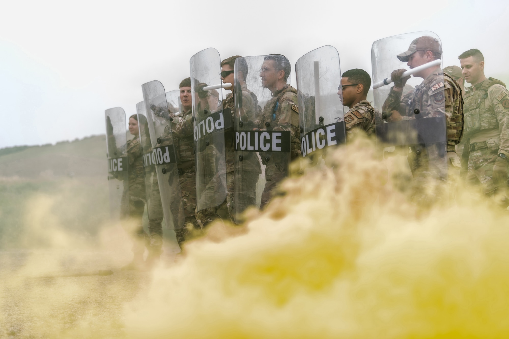 Members of the Kentucky Air National Guard’s 123rd Security Forces Squadron demonstrate riot-control techniques at Camp San Luis Obispo, Calif., May 16, 2024, as part of an information exchange between 27 Kentucky Guard Airmen and six Ecuadorian special forces Airmen. The event, which focused on providing military assistance to civilian law enforcement, was held under the auspices of the National Guard Bureau’s State Partnership Program, which pairs foreign military allies with National Guard units across the United States for mutual exchange of information and cooperation over a broad range of civil and military affairs. (U.S. Air National Guard photo by Tech. Sgt. Chloe Ochs)