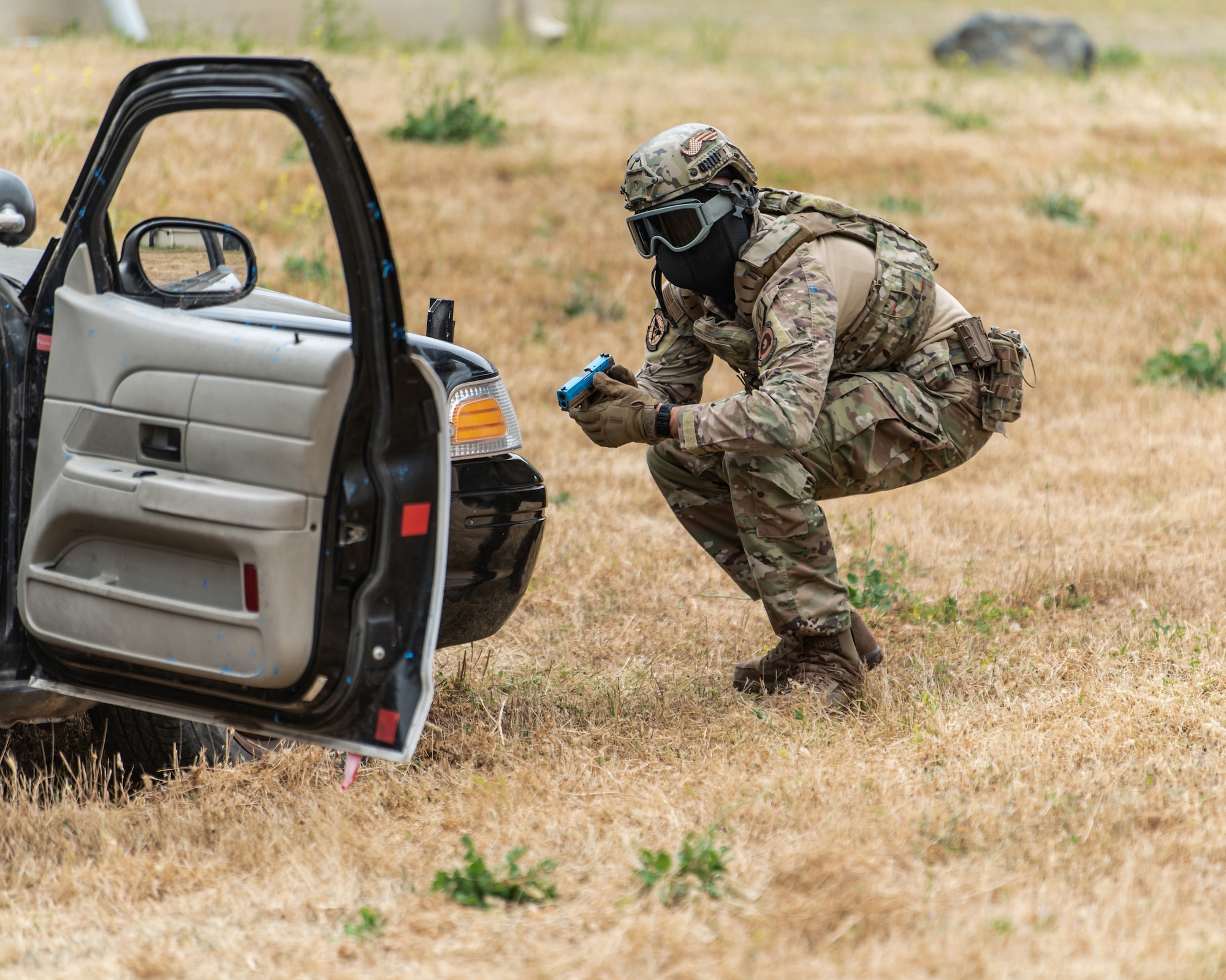 A member of the Kentucky Air National Guard’s 123rd Security Forces Squadron demonstrates vehicle interdiction techniques at Camp San Luis Obispo, Calif., May 17, 2024, as part of an information exchange between 27 Kentucky Guard Airmen and six Ecuadorian special forces Airmen. The event, which focused on providing military assistance to civilian law enforcement, was held under the auspices of the National Guard Bureau’s State Partnership Program, which pairs foreign military allies with National Guard units across the United States for mutual exchange of information and cooperation over a broad range of civil and military affairs. (U.S. Air National Guard photo by Tech. Sgt. Chloe Ochs)