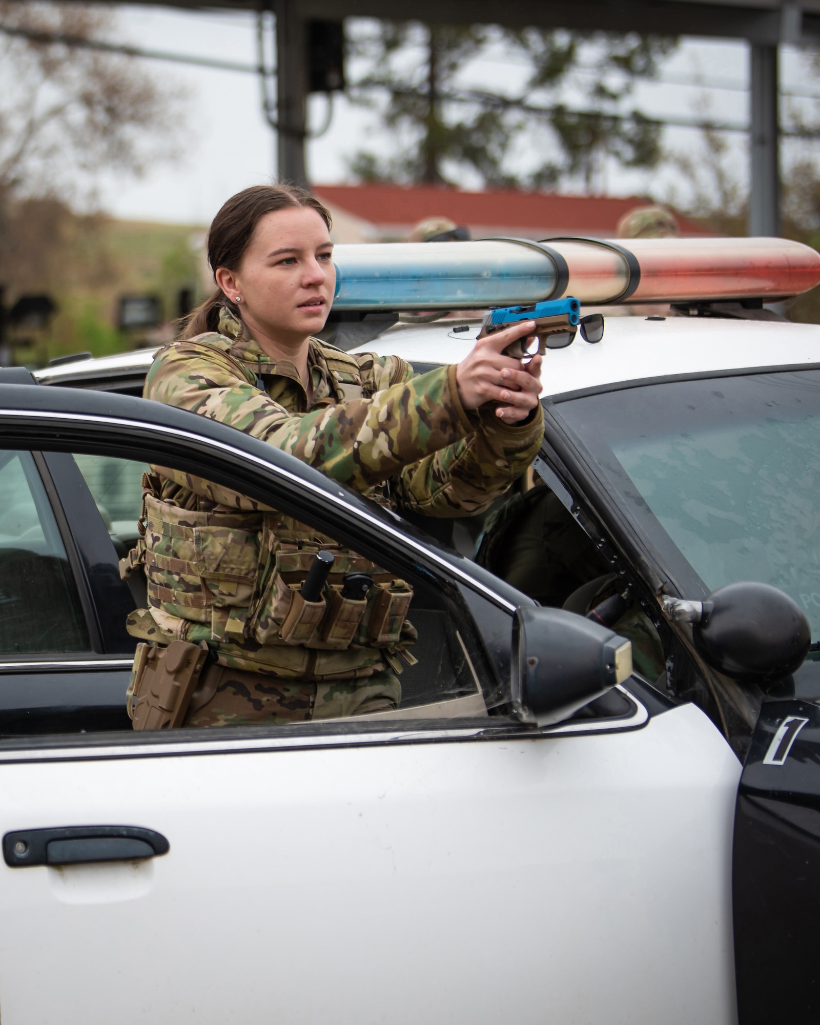 Staff Sgt. Kiara Rager, a security forces specialist with the Kentucky Air National Guard’s 123rd Security Forces Squadron, demonstrates vehicle interdiction techniques at Camp San Luis Obispo, Calif., May 17, 2024, as part of an information exchange between 27 Kentucky Guard Airmen and six Ecuadorian special forces Airmen. The event, which focused on providing military assistance to civilian law enforcement, was held under the auspices of the National Guard Bureau’s State Partnership Program, which pairs foreign military allies with National Guard units across the United States for mutual exchange of information and cooperation over a broad range of civil and military affairs. (U.S. Air National Guard photo by Tech. Sgt. Chloe Ochs)