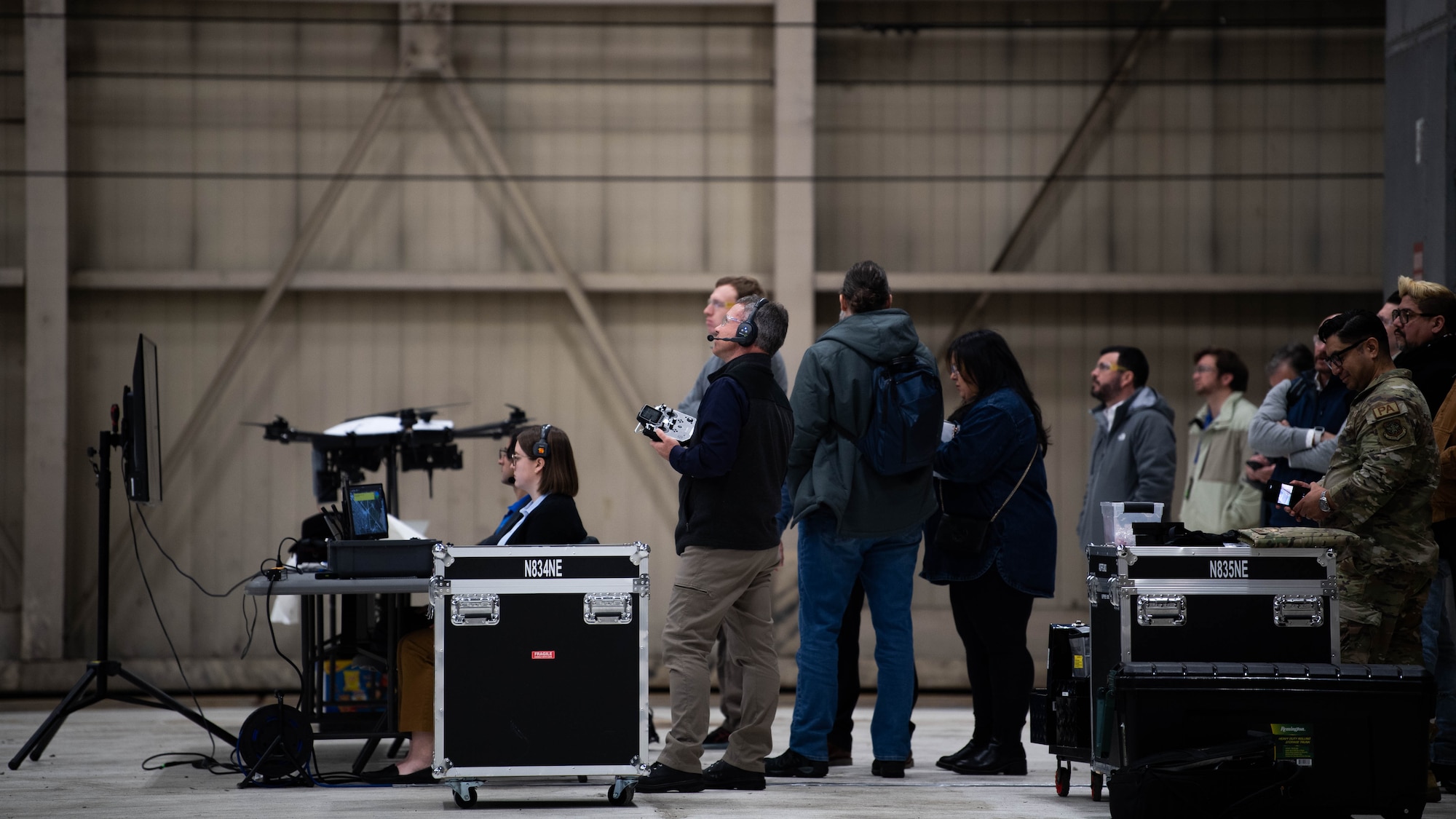 Members of Near Earth Autonomy perform a drone demonstration at Dover Air Force Base, Delaware, January 23, 2024. Team Dover in cooperation with Boeing and Near Earth Autonomy tested a drone program for an autonomous C-5M Super Galaxy aircraft inspection project. Traditional inspections that require personnel to use a safety harness, maintenance stands, or vehicles can take hours to accomplish, but the drone can complete the same inspection in approximately 10 minutes. (U.S. Air Force photo by Tech. Sgt. J.D. Strong II)