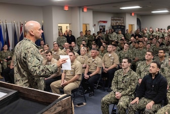 Vice Chief of Naval Operations Adm. Jim Kilby, speaks with recruiters assigned to the Navy Recruiting and Orientation Unit during a visit to Naval Air Station Pensacola, Jan. 31, 2024. Kilby visited Pensacola to engage with Sailors and meet with leadership to discuss recruiting and manning challenges and initiatives, pay and personnel, and supporting our Sailors. Naval Education and Training Command's mission is to recruit, train and deliver those who serve our nation, taking them from street-to-fleet by transforming civilians into highly skilled, operational and combat ready warfighters. (United States Navy photo by Mass Communication Specialist 1st Class Zachary Melvin)