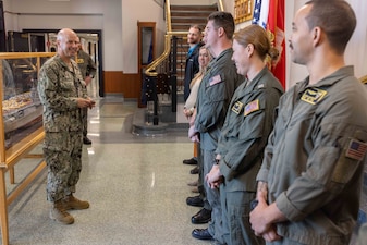 Vice Chief of Naval Operations Adm. Jim Kilby, speaks with Sailors and civilians assigned to Naval Aviation Schools Command during a visit to Naval Air Station Pensacola, Jan. 31, 2024. Kilby visited Pensacola to engage with Sailors and meet with leadership to discuss recruiting and manning challenges and initiatives, pay and personnel, and supporting our Sailors. Naval Education and Training Command's mission is to recruit, train and deliver those who serve our nation, taking them from street-to-fleet by transforming civilians into highly skilled, operational and combat ready warfighters. (United States Navy photo by Mass Communication Specialist 1st Class Zachary Melvin)