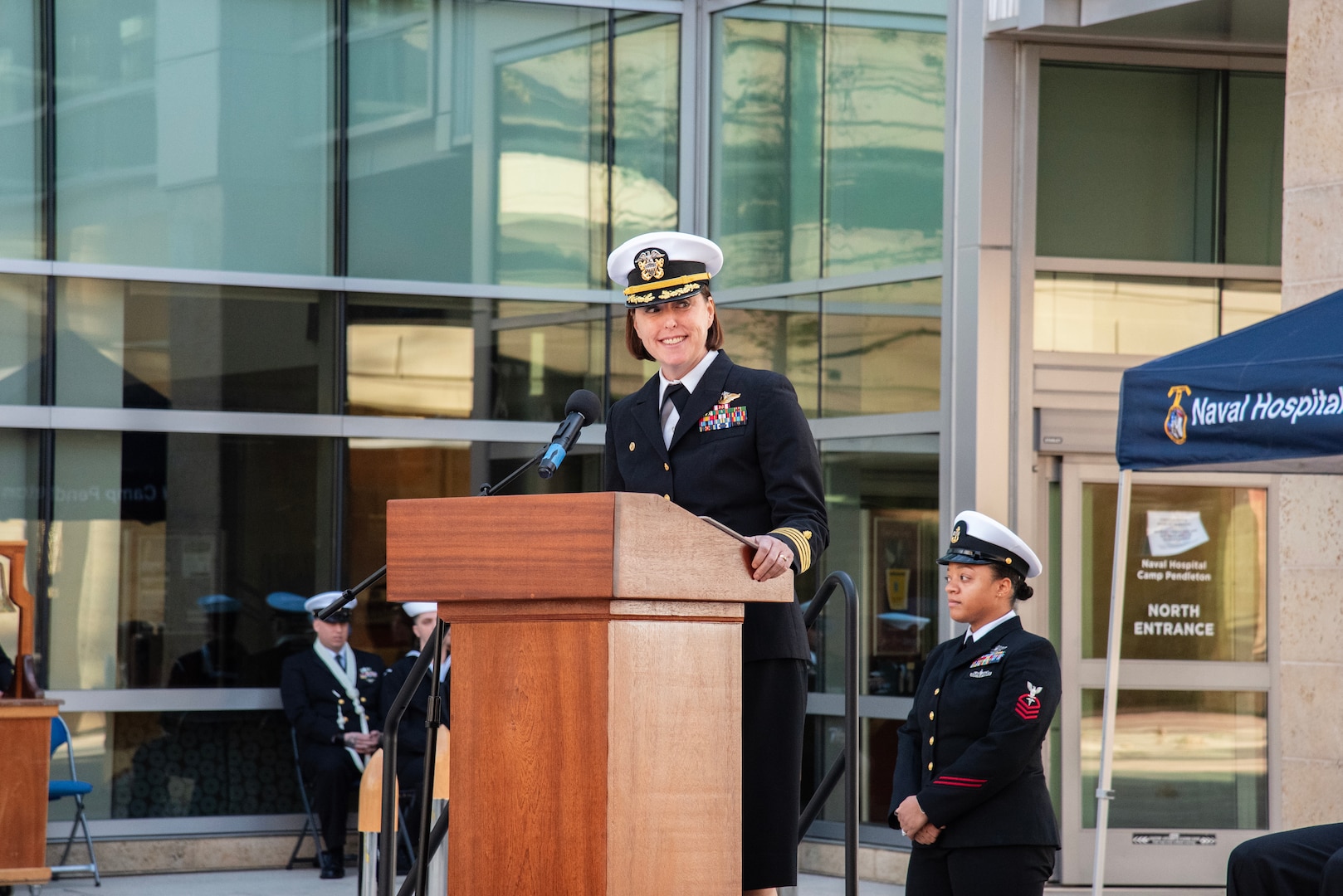 Navy Capt. Jenny Burkett, director of Naval Hospital Camp Pendleton, provides comments during a celebration of the 10-Year Anniversary of the grand opening of the current Naval Hospital Camp Pendleton held aboard Marine Corps Base Camp Pendleton on Jan. 30, 2024.