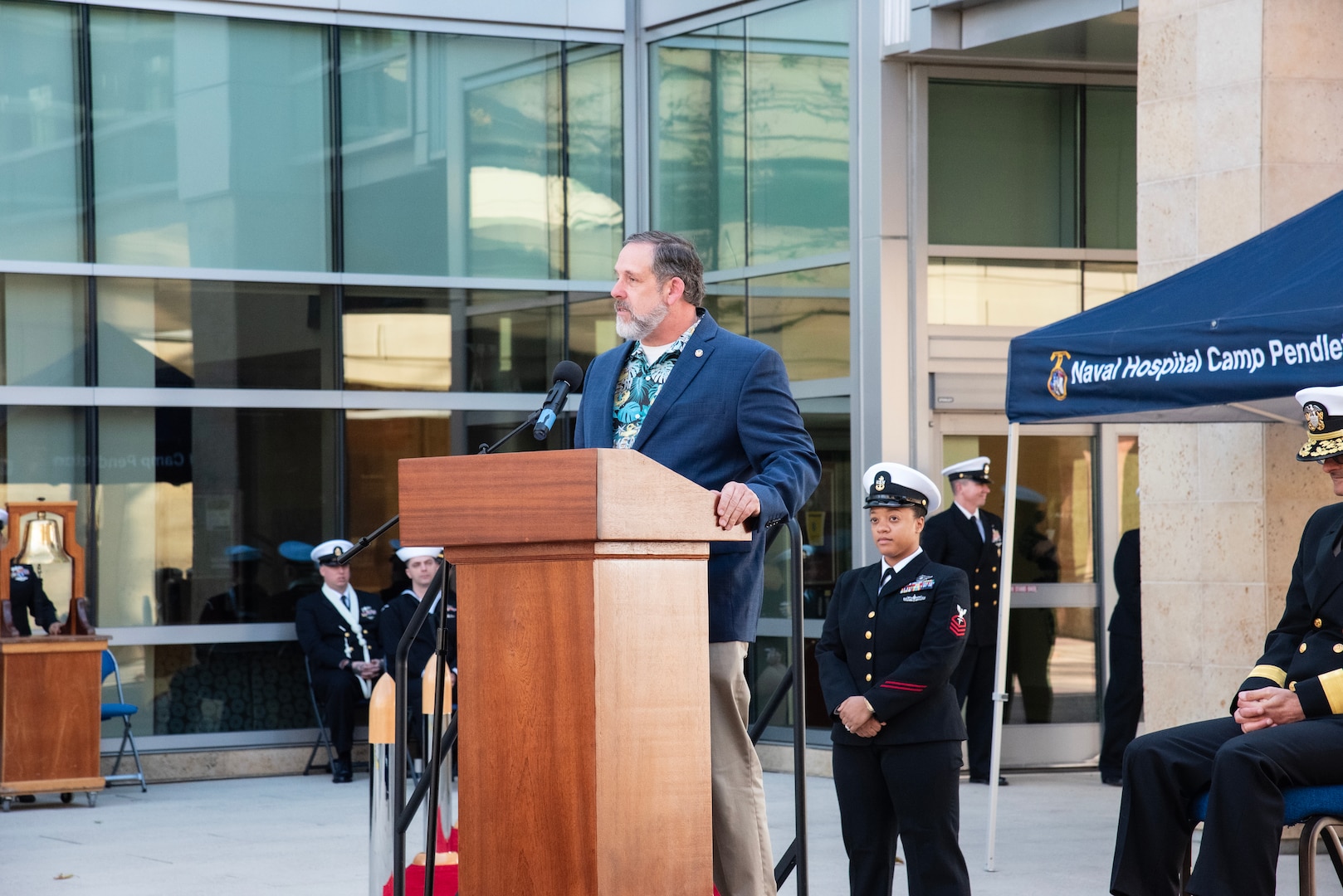 Retired Master Chief Petty Officer Kevin Burg, former Command Master Chief of Naval Hospital Camp Pendleton, provides comments during a celebration of the 10-Year Anniversary of the grand opening of the current Naval Hospital Camp Pendleton held aboard Marine Corps Base Camp Pendleton on Jan. 30, 2024.