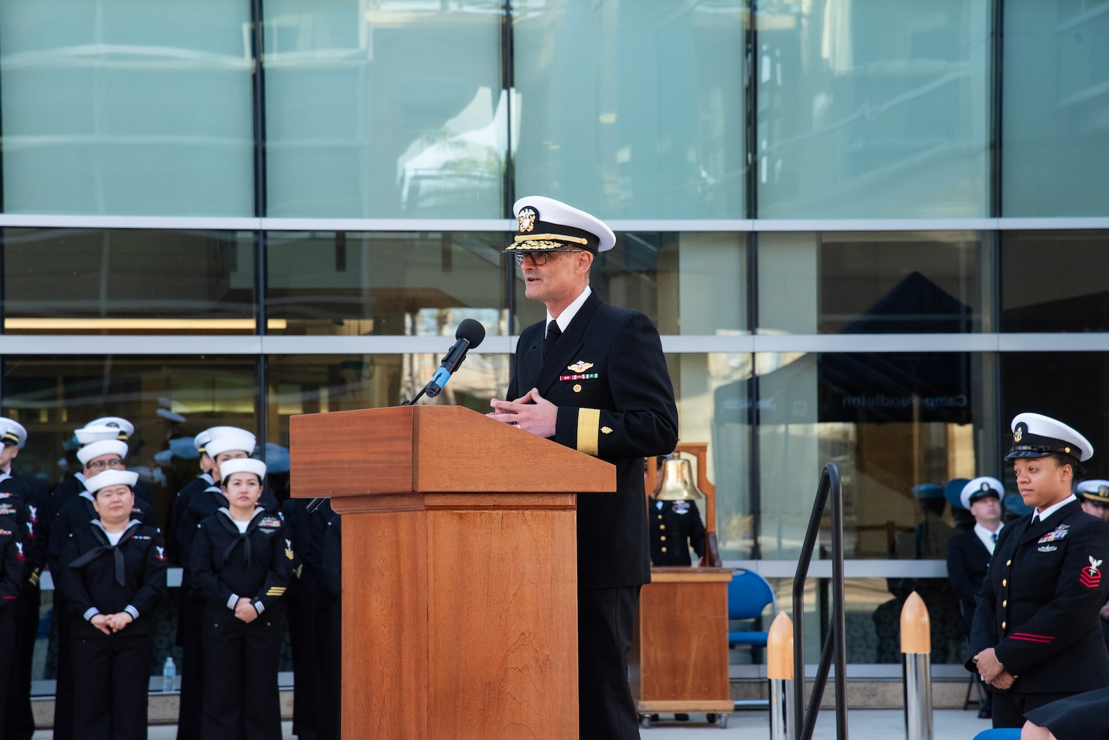 Rear Adm. Guido Valdes, director of Defense Health Network Pacific Rim, provides comments during a celebration of the 10-Year Anniversary of the grand opening of the current Naval Hospital Camp Pendleton held aboard Marine Corps Base Camp Pendleton on Jan. 30, 2024.