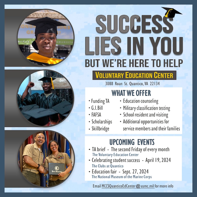 This graphic illustration highlights U.S. Marine Corps Base Quantico’s Voluntary Education Center, its services, and upcoming events, created on Jan. 31, 2024. The VEC provides tools and resources for U.S. service members, their family members, veterans, and DoD civilians for personal and professional educational pursuits. This graphic was created using Adobe Photoshop. (U.S. Marine Corps graphic illustration by Lance Cpl. Hana Lathrop)