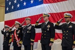 MANAMA, Bahrain (Feb. 1, 2024) Army Gen. Michael Erik Kurilla, commander of U.S. Central Command, center; Vice Adm. Brad Cooper, outgoing commander of U.S. Naval Forces Central Command (NAVCENT), U.S. 5th Fleet and Combined Maritime Forces (CMF), left; and Vice Adm. George Wikoff, incoming commander of NAVCENT, U.S. 5th Fleet and CMF, right; render honors during a change of command ceremony in Manama, Bahrain, Feb. 1. NAVCENT and U.S. 5th Fleet’s area of operations encompasses about 2.5 million square miles of water area and includes the Arabian Gulf, Red Sea, Gulf of Oman and parts of the Indian Ocean. This expanse, comprised of 21 countries, includes three critical choke points at the Strait of Hormuz, the Suez Canal and the Bab al-Mandeb at the southern tip of Yemen. (U.S. Navy photo)