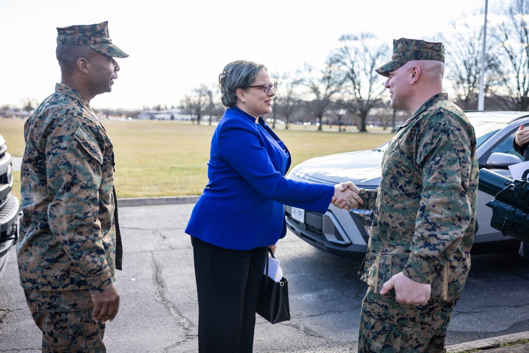 U.S. Rep. Jennifer McClellan, Virginia’s Fourth Congressional District representative, meets with U.S. Marine Corps Sgt. Maj. Michael R. Brown, sergeant major of Marine Corps Base Quantico, for a base tour on MCBQ, Virginia, Jan. 29, 2024. During the tour, McClellan learned about the installation, Marines’ quality of life in the barracks, and the Child Development Center. (U.S. Marine Corps photo by Lance Cpl. Joaquin Dela Torre)