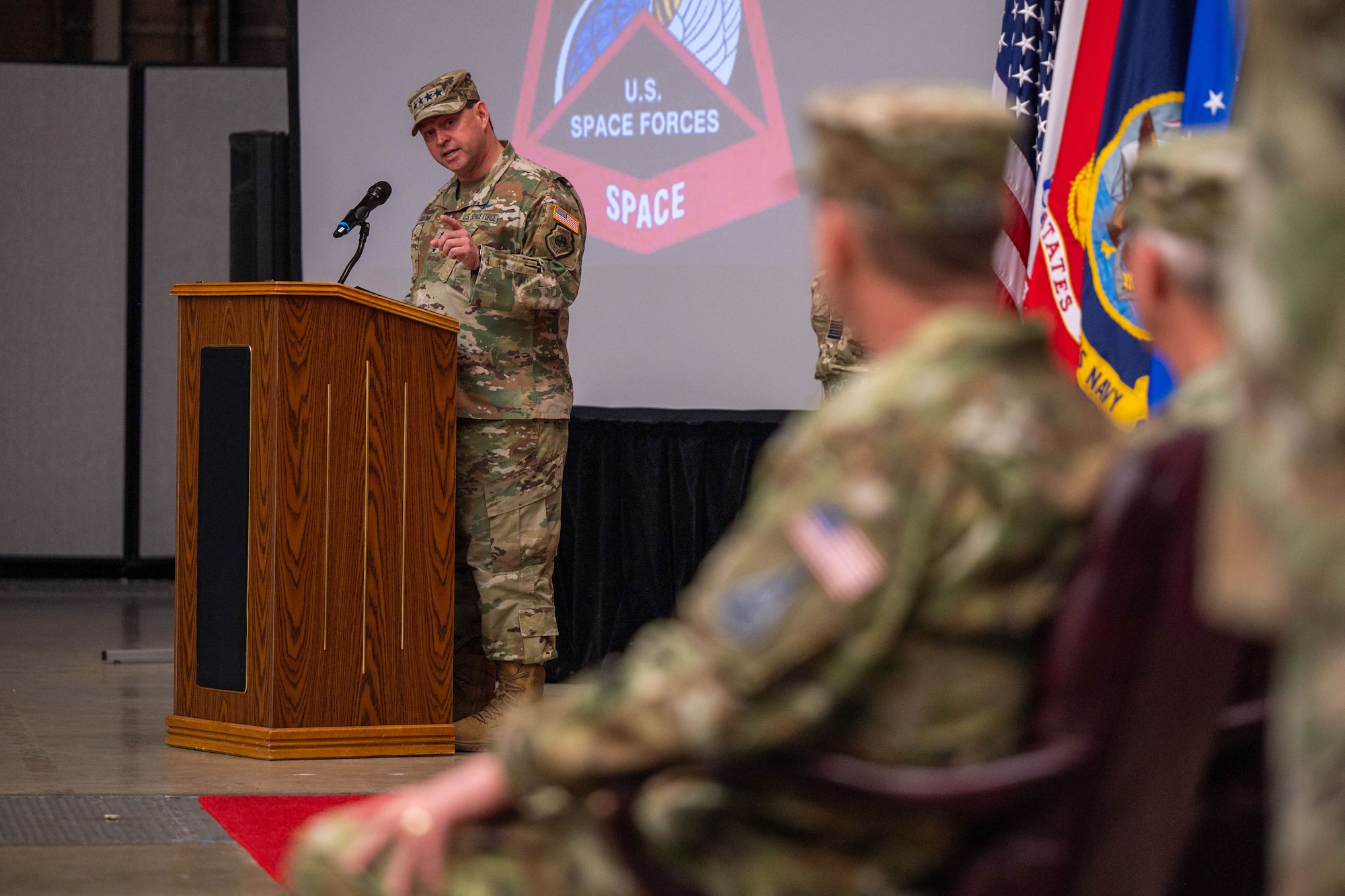 U.S. Space Force Chief of Space Operations Gen. Chance Saltzman speaks during the activation ceremony of U.S. Space Forces-Space (S4S) at Vandenberg Space Force Base, Calif., Jan. 31, 2024. S4S is a Space Force Component Field Command directly subordinate to the CSO that is responsible for delivering combat relevant space effects to the joint warfighter. (U.S. Space Force photo by Tech. Sgt. Luke Kitterman)