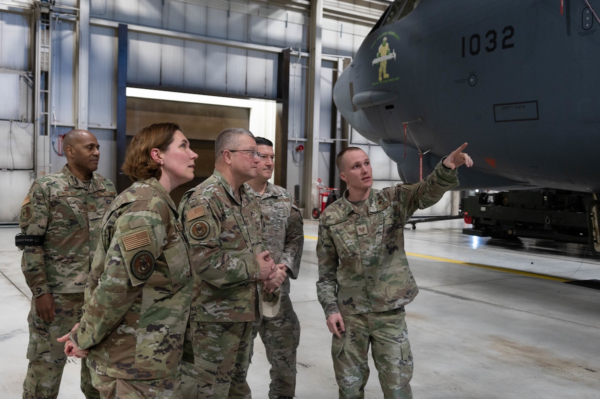 U.S. Air Force Chaplain Maj. Gen. Randall Kitchens, U.S. Air Force chief of chaplains, (center) and U.S. Air Force Chief Master Sgt. Sadie Chambers, Religious Affairs senior enlisted advisor, (left) are given a tour of a B-52H Stratofortress at Minot Air Force Base, North Dakota, Jan. 29, 2024. As a member of the special staff of the Chief of Staff of the Air Force and Chief of Space Operations, Kitchens establishes guidance and provides advice on all matters pertaining to the religious and moral welfare of Air and Space Force personnel and is responsible for establishing effective programs to meet the religious needs of Airmen, Guardians and their dependents. (U.S. Air Force photo by Airman 1st Class Luis Gomez)