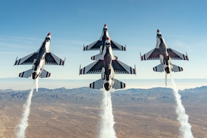 The United States Air Force Air Demonstration Team “Thunderbirds” conduct a photo chase over Spaceport, New Mexico, Jan. 17, 2024. This winter training trip marks the third consecutive year the Thunderbirds have conducted winter training at Spaceport.