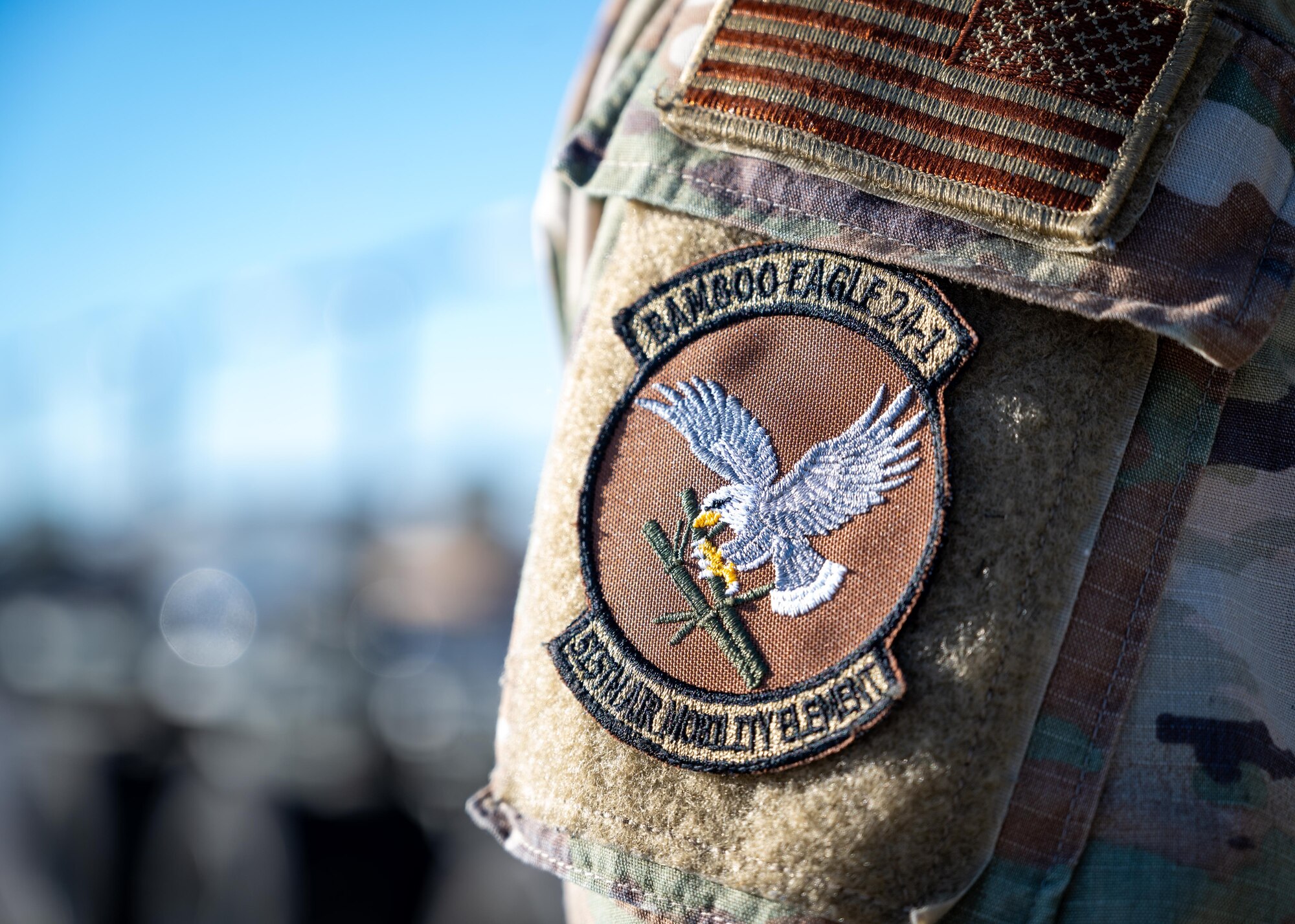 A Bamboo Eagle 24-1 patch is worn by an Airman.
