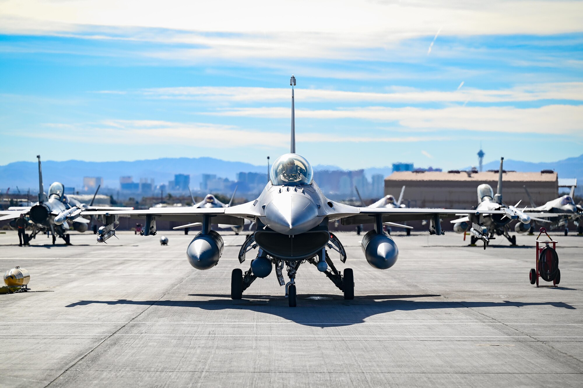 An F-16C Fighting Falcon prepares for takeoff.