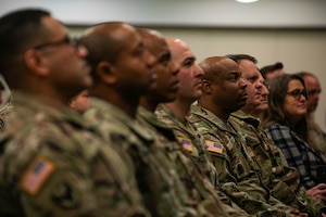 U.S. Army Soldiers of the 1st Infantry Division attend the Year of Victory kickoff ceremony on Fort Riley, Kansas, Jan. 11, 2024. The kickoff event marks the beginning of the next chapter in the ongoing effort to recount the history of the division, recognize its victorious past and honor former and current Soldiers as it continues to develop future leaders and achieve success throughout its ranks. (U.S. Army photo by Spc. Charles Leitner)