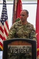 U.S. Army Maj. Gen. John V. Meyer III, commander of the 1st Infantry Division and Fort Riley, speaks during the Year of Victory kickoff ceremony on Fort Riley, Kansas, Jan. 11, 2024. The kickoff event marks the beginning of the next chapter in the ongoing effort to recount the history of the division, recognize its victorious past and honor former and current Soldiers as it continues to develop future leaders and achieve success throughout its ranks. (U.S. Army photo by Spc. Charles Leitner)