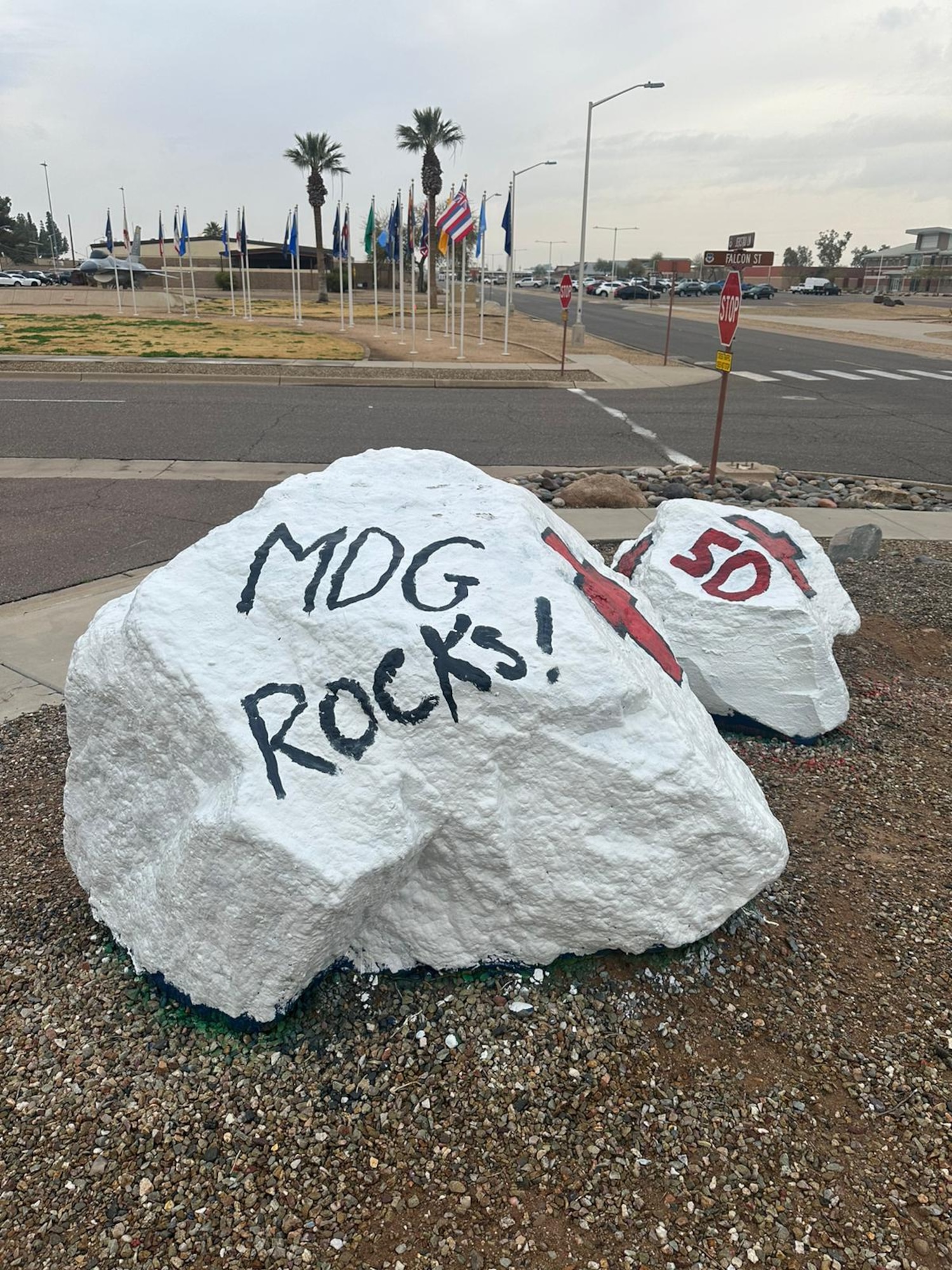 Rocks painted outside the 56th Fighter Wing headquarters building Jan. 25, 2024.