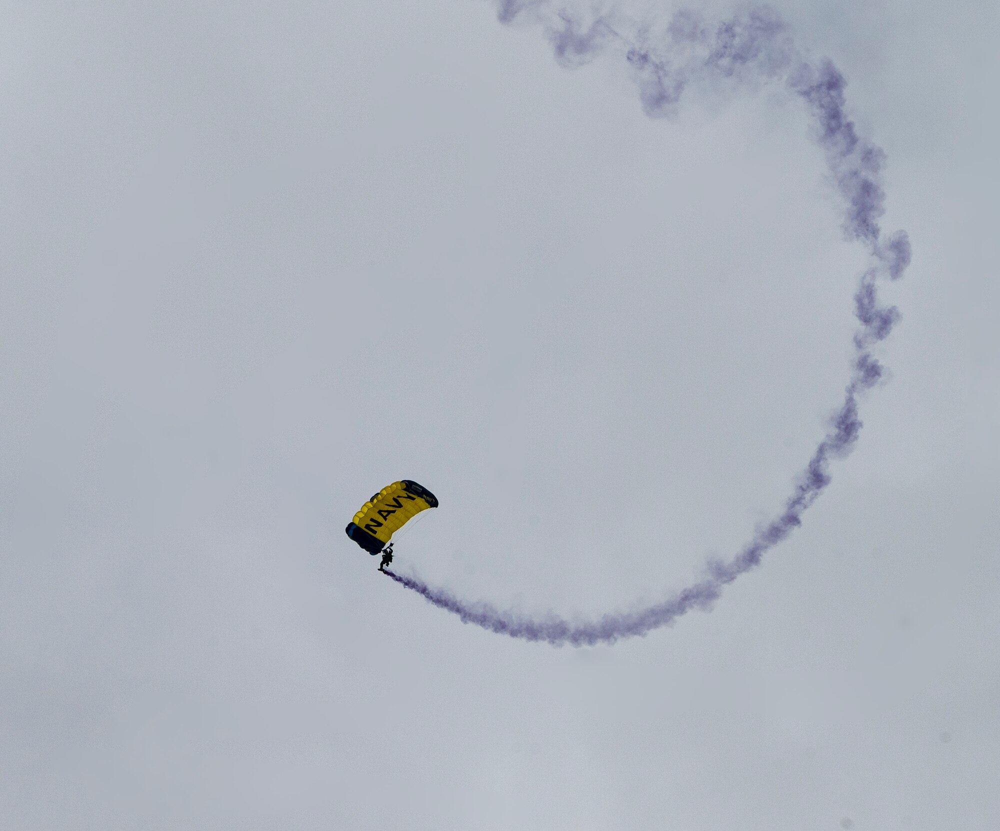 Man performs demonstration while skydiving.