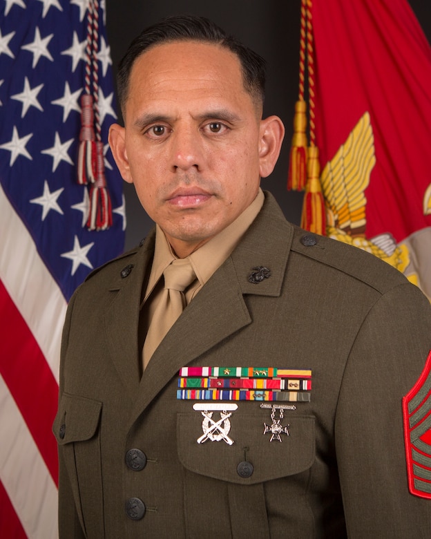 U.S. Marine Corps Sgt. Maj. Everson Kaaihue, the sergeant major of Headquarters and Headquarters Squadron, Marine Corps Air Station Miramar, poses for a biography photo on MCAS Miramar, San Diego, Dec. 1, 2023. (U.S. Marine Corps photo by Lance Cpl. Ryan Soto)