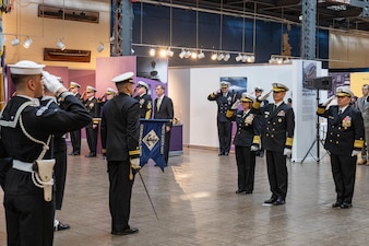 WASHINGTON (Feb. 1, 2024) - Republic of Korea Chief of Naval Operations Adm. Yang Yong-mo receives a full-honors welcome ceremony while visiting Chief of Naval Operations Adm. Lisa Franchetti at the Washington Navy Yard, Feb. 1. During the counterpart visit, Yang  toured different facilities, received demonstrations on a variety of capabilities, and conducted meetings with senior U.S. Navy leaders to discuss maritime security cooperation, interoperability, and readiness. (U.S. Navy photo by Chief Mass Communication Specialist Michael B. Zingaro)